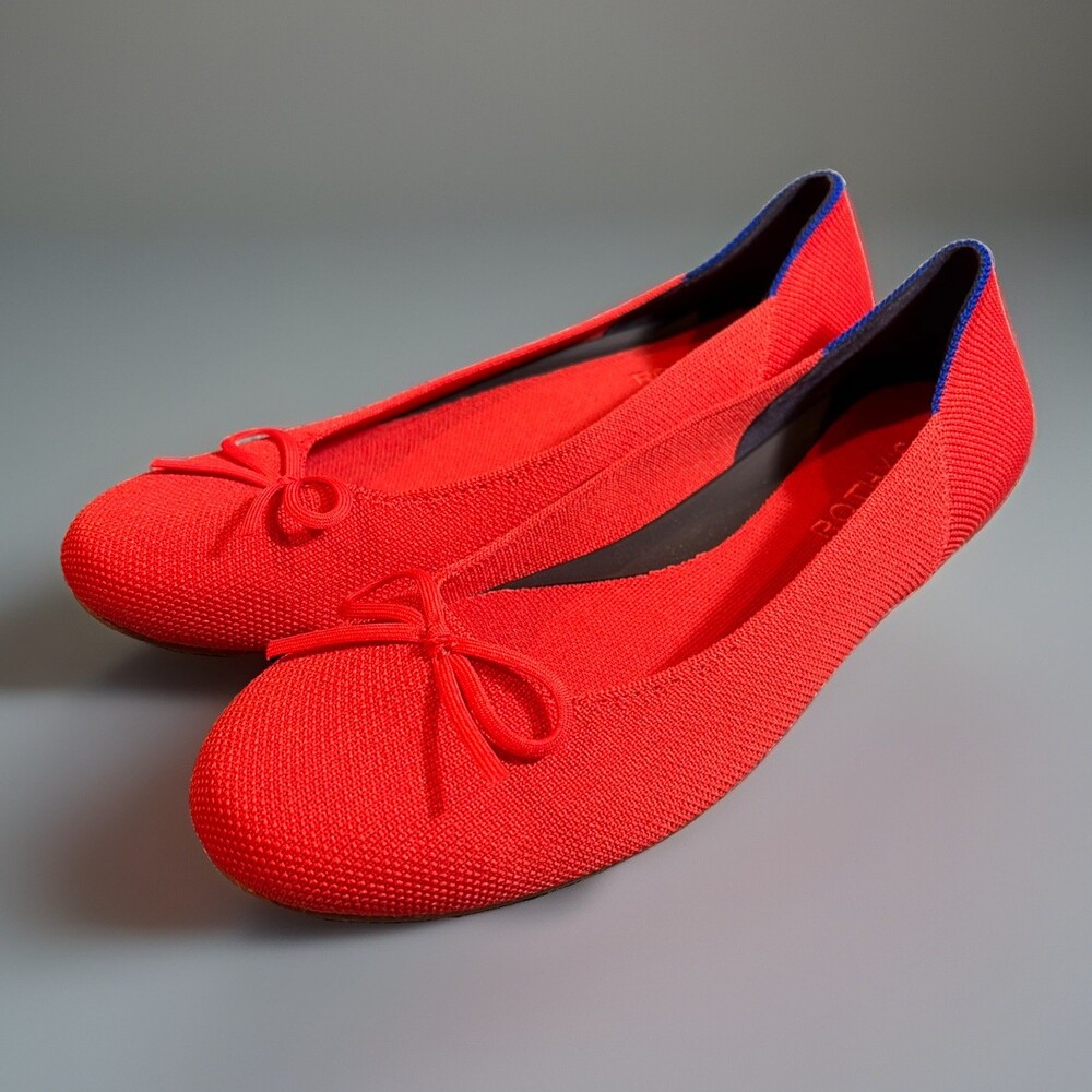 Rothy’s Ballet Flat Bow Glamour Red Knit Round Toe Slip On Shoes NWOB Size 8